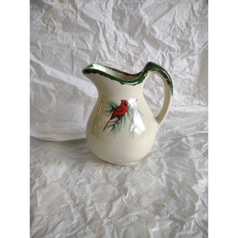 Vtg Heavy Mini Milk Pitcher, Cardinal Bird/Cream Colored Pottery 4" tall